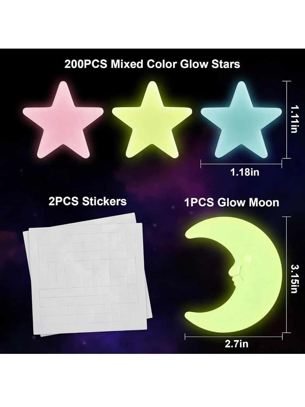 41 Glow-in-the-Dark Star Wall Decals with  Moon - Pastel Pink, Blue, Green
